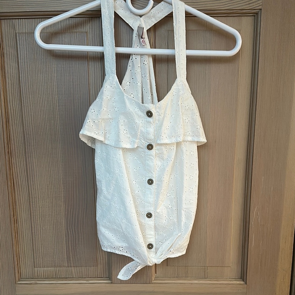 White Eyelet Button-Down Halter Top